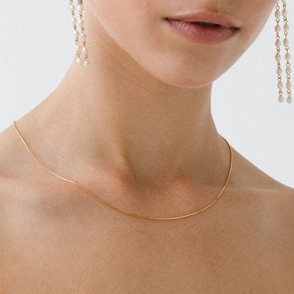 18k gold thin chain necklace, snake chain necklace, gold flat chain necklace